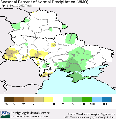 Ukraine, Moldova and Belarus Seasonal Percent of Normal Precipitation (WMO) Thematic Map For 4/1/2022 - 9/10/2022