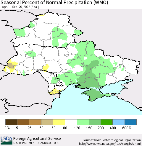 Ukraine, Moldova and Belarus Seasonal Percent of Normal Precipitation (WMO) Thematic Map For 4/1/2022 - 9/20/2022