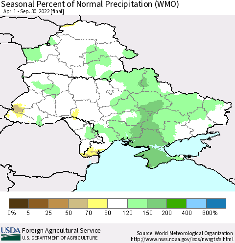 Ukraine, Moldova and Belarus Seasonal Percent of Normal Precipitation (WMO) Thematic Map For 4/1/2022 - 9/30/2022