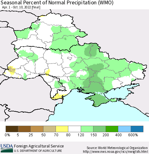 Ukraine, Moldova and Belarus Seasonal Percent of Normal Precipitation (WMO) Thematic Map For 4/1/2022 - 10/10/2022