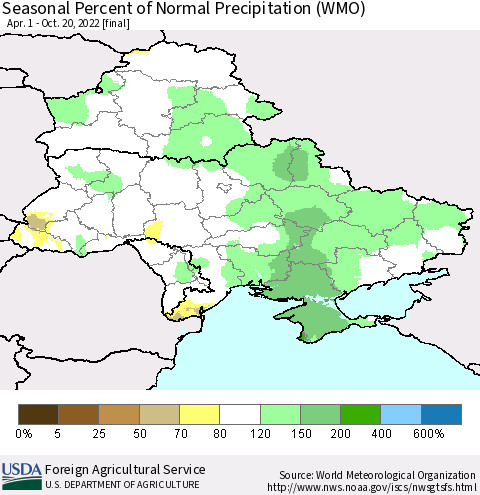 Ukraine, Moldova and Belarus Seasonal Percent of Normal Precipitation (WMO) Thematic Map For 4/1/2022 - 10/20/2022