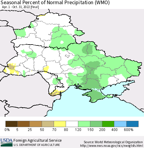 Ukraine, Moldova and Belarus Seasonal Percent of Normal Precipitation (WMO) Thematic Map For 4/1/2022 - 10/31/2022