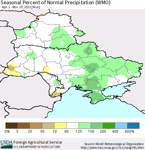 Ukraine, Moldova and Belarus Seasonal Percent of Normal Precipitation (WMO) Thematic Map For 4/1/2022 - 11/10/2022