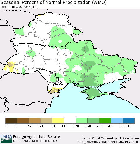 Ukraine, Moldova and Belarus Seasonal Percent of Normal Precipitation (WMO) Thematic Map For 4/1/2022 - 11/20/2022