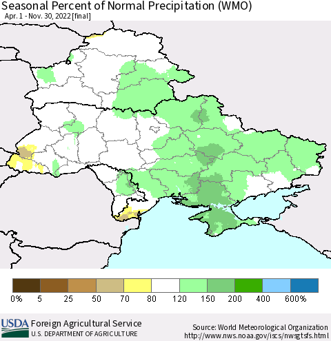 Ukraine, Moldova and Belarus Seasonal Percent of Normal Precipitation (WMO) Thematic Map For 4/1/2022 - 11/30/2022