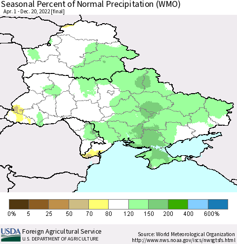 Ukraine, Moldova and Belarus Seasonal Percent of Normal Precipitation (WMO) Thematic Map For 4/1/2022 - 12/20/2022