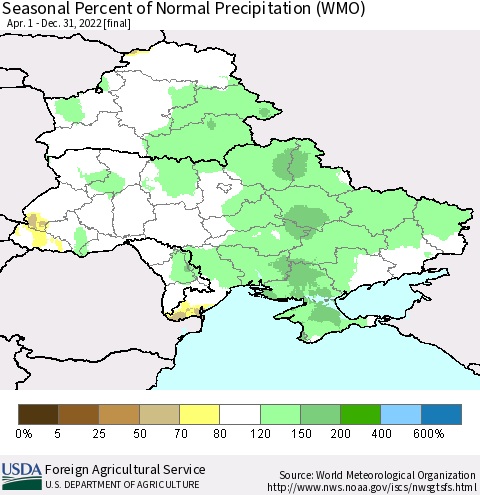Ukraine, Moldova and Belarus Seasonal Percent of Normal Precipitation (WMO) Thematic Map For 4/1/2022 - 12/31/2022