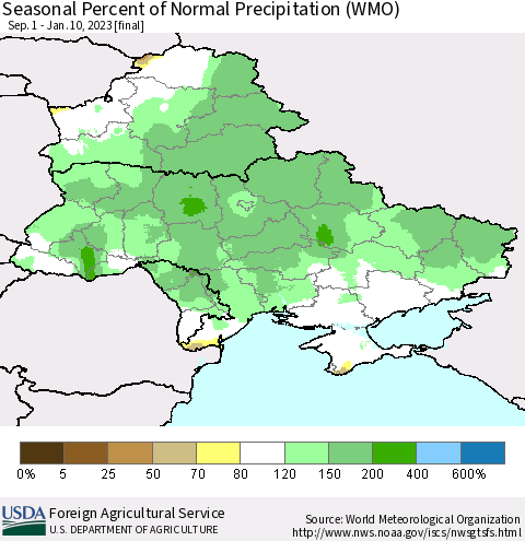 Ukraine, Moldova and Belarus Seasonal Percent of Normal Precipitation (WMO) Thematic Map For 9/1/2022 - 1/10/2023
