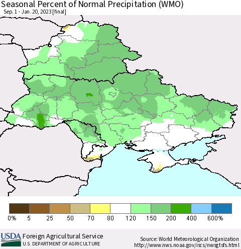 Ukraine, Moldova and Belarus Seasonal Percent of Normal Precipitation (WMO) Thematic Map For 9/1/2022 - 1/20/2023