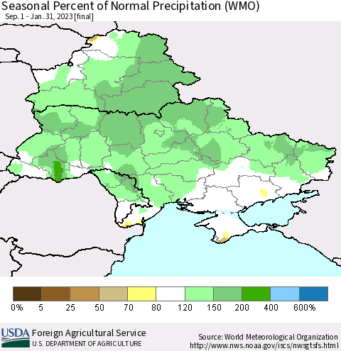 Ukraine, Moldova and Belarus Seasonal Percent of Normal Precipitation (WMO) Thematic Map For 9/1/2022 - 1/31/2023