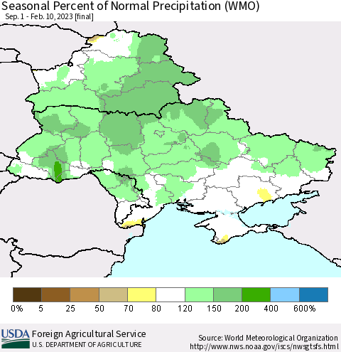 Ukraine, Moldova and Belarus Seasonal Percent of Normal Precipitation (WMO) Thematic Map For 9/1/2022 - 2/10/2023