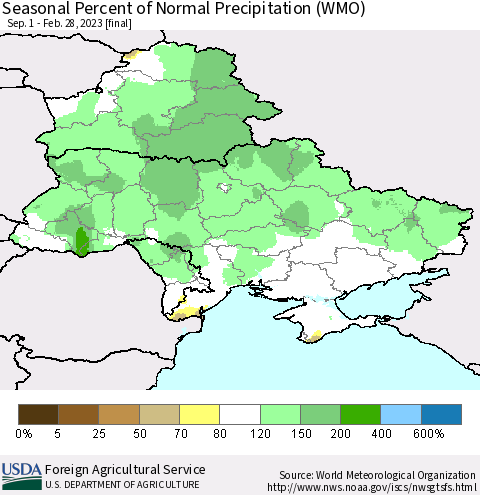 Ukraine, Moldova and Belarus Seasonal Percent of Normal Precipitation (WMO) Thematic Map For 9/1/2022 - 2/28/2023