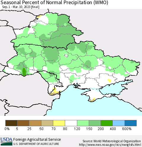 Ukraine, Moldova and Belarus Seasonal Percent of Normal Precipitation (WMO) Thematic Map For 9/1/2022 - 3/10/2023