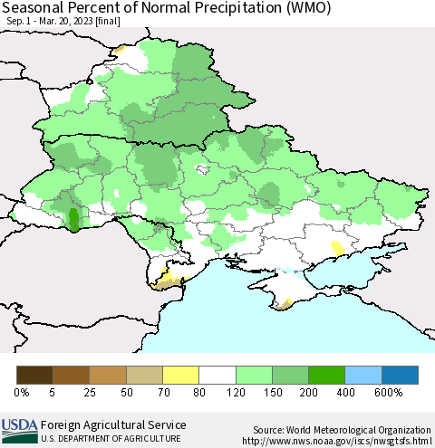 Ukraine, Moldova and Belarus Seasonal Percent of Normal Precipitation (WMO) Thematic Map For 9/1/2022 - 3/20/2023