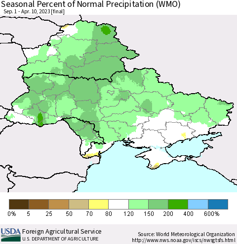 Ukraine, Moldova and Belarus Seasonal Percent of Normal Precipitation (WMO) Thematic Map For 9/1/2022 - 4/10/2023