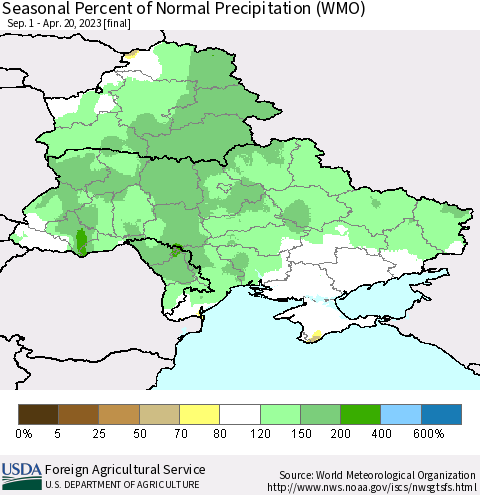 Ukraine, Moldova and Belarus Seasonal Percent of Normal Precipitation (WMO) Thematic Map For 9/1/2022 - 4/20/2023