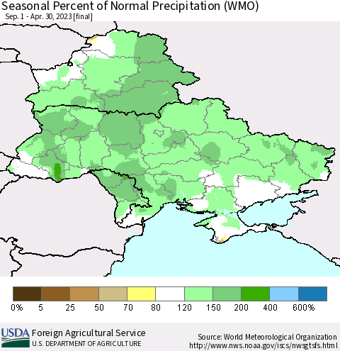 Ukraine, Moldova and Belarus Seasonal Percent of Normal Precipitation (WMO) Thematic Map For 9/1/2022 - 4/30/2023