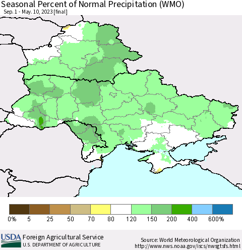 Ukraine, Moldova and Belarus Seasonal Percent of Normal Precipitation (WMO) Thematic Map For 9/1/2022 - 5/10/2023
