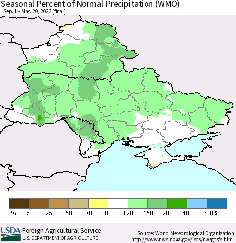 Ukraine, Moldova and Belarus Seasonal Percent of Normal Precipitation (WMO) Thematic Map For 9/1/2022 - 5/20/2023
