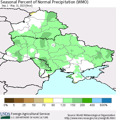 Ukraine, Moldova and Belarus Seasonal Percent of Normal Precipitation (WMO) Thematic Map For 9/1/2022 - 5/31/2023