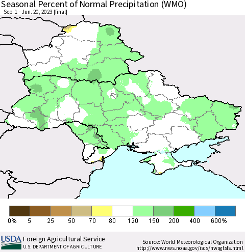 Ukraine, Moldova and Belarus Seasonal Percent of Normal Precipitation (WMO) Thematic Map For 9/1/2022 - 6/20/2023