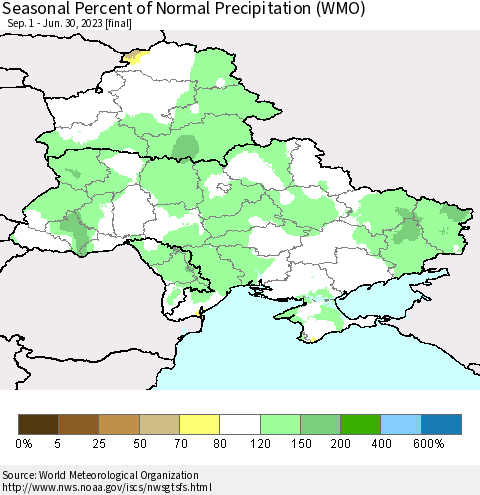 Ukraine, Moldova and Belarus Seasonal Percent of Normal Precipitation (WMO) Thematic Map For 9/1/2022 - 6/30/2023