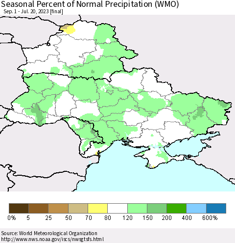 Ukraine, Moldova and Belarus Seasonal Percent of Normal Precipitation (WMO) Thematic Map For 9/1/2022 - 7/20/2023