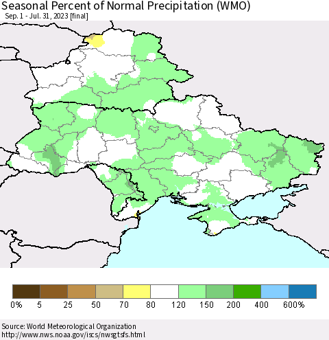Ukraine, Moldova and Belarus Seasonal Percent of Normal Precipitation (WMO) Thematic Map For 9/1/2022 - 7/31/2023