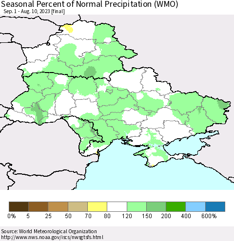 Ukraine, Moldova and Belarus Seasonal Percent of Normal Precipitation (WMO) Thematic Map For 9/1/2022 - 8/10/2023