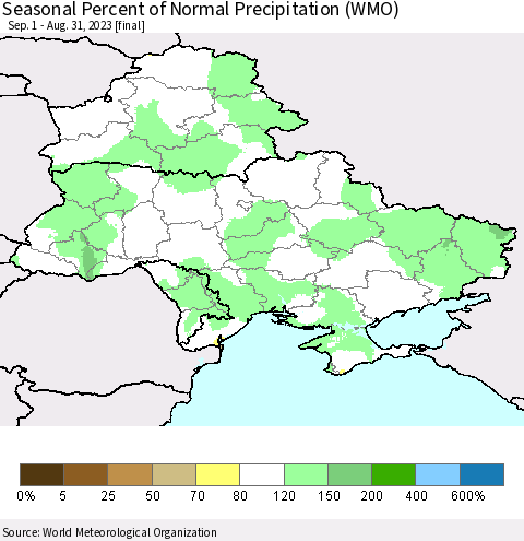 Ukraine, Moldova and Belarus Seasonal Percent of Normal Precipitation (WMO) Thematic Map For 9/1/2022 - 8/31/2023