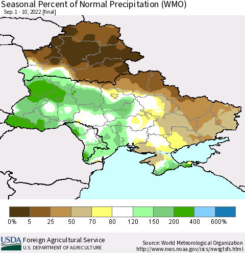 Ukraine, Moldova and Belarus Seasonal Percent of Normal Precipitation (WMO) Thematic Map For 9/1/2022 - 9/10/2022