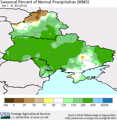 Ukraine, Moldova and Belarus Seasonal Percent of Normal Precipitation (WMO) Thematic Map For 9/1/2022 - 9/20/2022