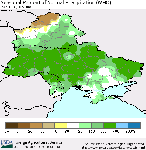 Ukraine, Moldova and Belarus Seasonal Percent of Normal Precipitation (WMO) Thematic Map For 9/1/2022 - 9/30/2022