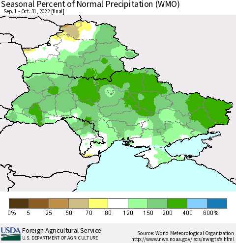 Ukraine, Moldova and Belarus Seasonal Percent of Normal Precipitation (WMO) Thematic Map For 9/1/2022 - 10/31/2022