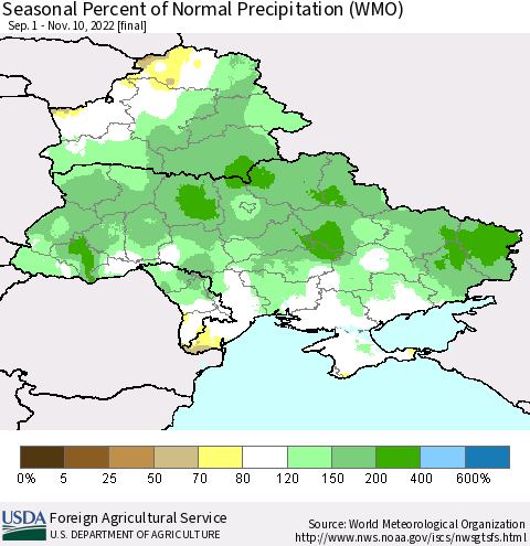 Ukraine, Moldova and Belarus Seasonal Percent of Normal Precipitation (WMO) Thematic Map For 9/1/2022 - 11/10/2022