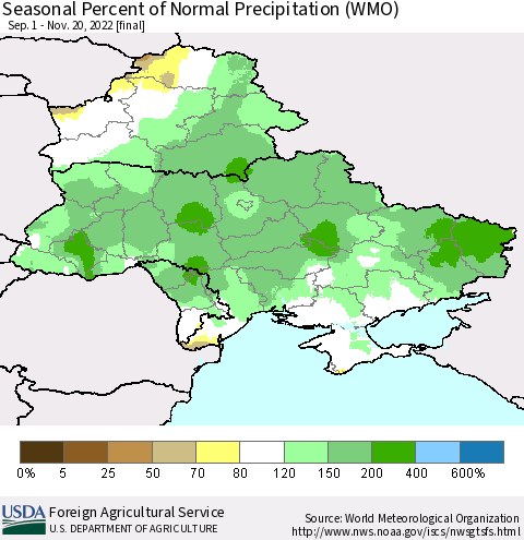 Ukraine, Moldova and Belarus Seasonal Percent of Normal Precipitation (WMO) Thematic Map For 9/1/2022 - 11/20/2022