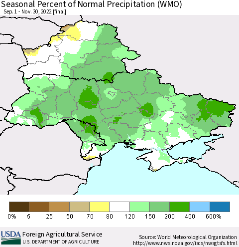 Ukraine, Moldova and Belarus Seasonal Percent of Normal Precipitation (WMO) Thematic Map For 9/1/2022 - 11/30/2022