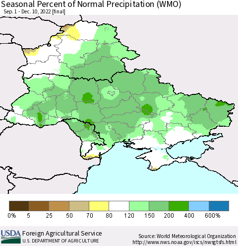 Ukraine, Moldova and Belarus Seasonal Percent of Normal Precipitation (WMO) Thematic Map For 9/1/2022 - 12/10/2022