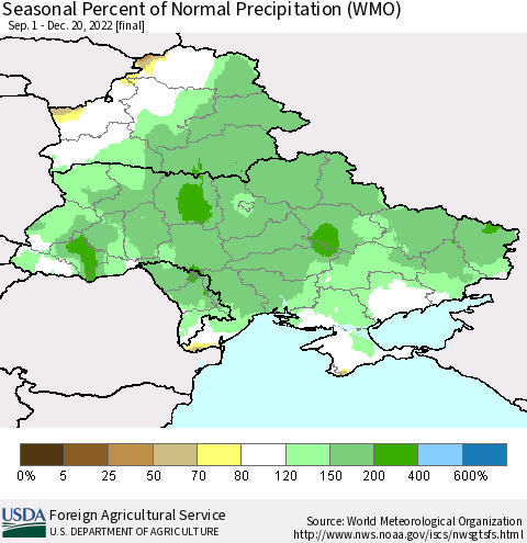 Ukraine, Moldova and Belarus Seasonal Percent of Normal Precipitation (WMO) Thematic Map For 9/1/2022 - 12/20/2022