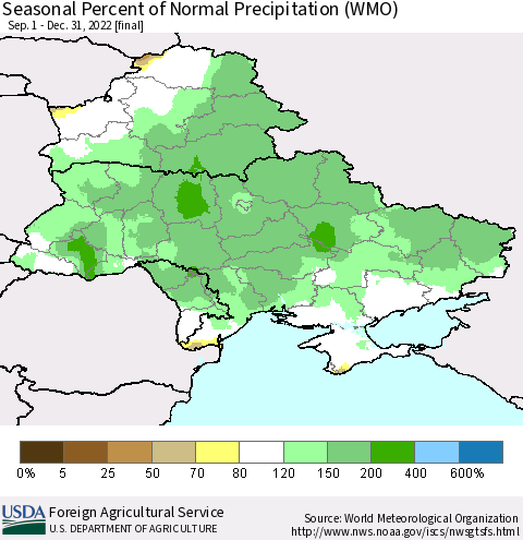 Ukraine, Moldova and Belarus Seasonal Percent of Normal Precipitation (WMO) Thematic Map For 9/1/2022 - 12/31/2022