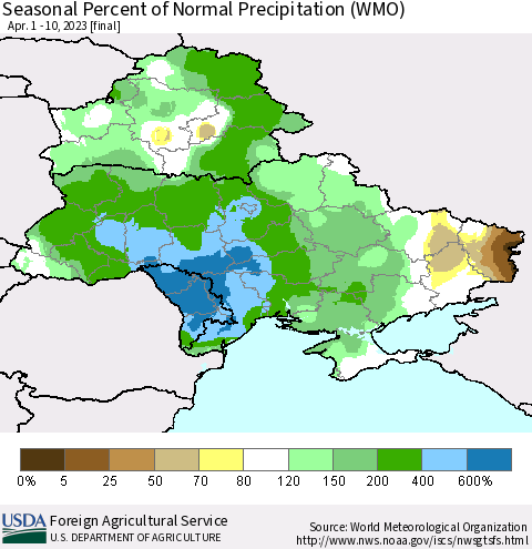 Ukraine, Moldova and Belarus Seasonal Percent of Normal Precipitation (WMO) Thematic Map For 4/1/2023 - 4/10/2023