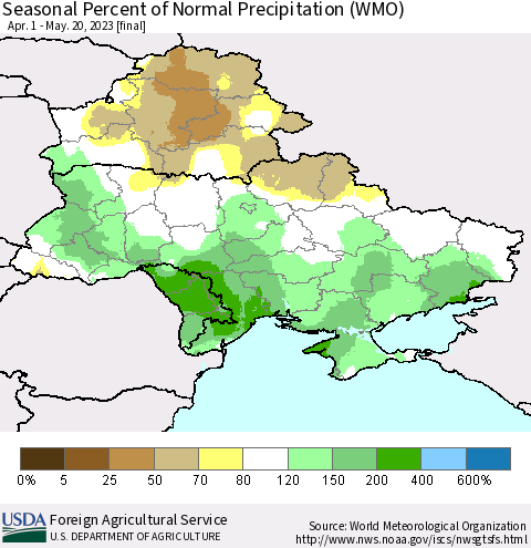 Ukraine, Moldova and Belarus Seasonal Percent of Normal Precipitation (WMO) Thematic Map For 4/1/2023 - 5/20/2023