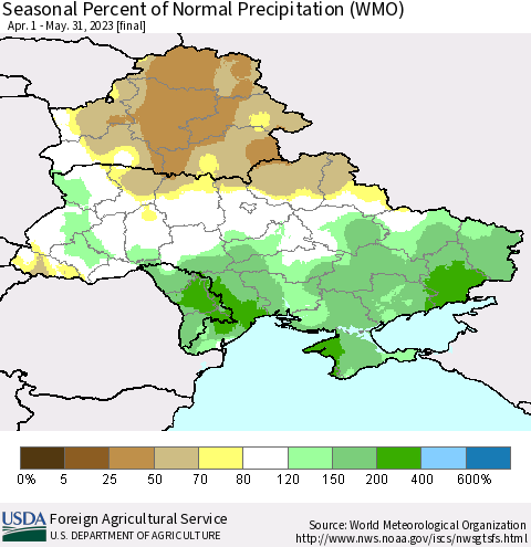 Ukraine, Moldova and Belarus Seasonal Percent of Normal Precipitation (WMO) Thematic Map For 4/1/2023 - 5/31/2023