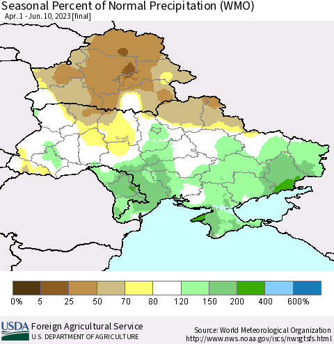 Ukraine, Moldova and Belarus Seasonal Percent of Normal Precipitation (WMO) Thematic Map For 4/1/2023 - 6/10/2023