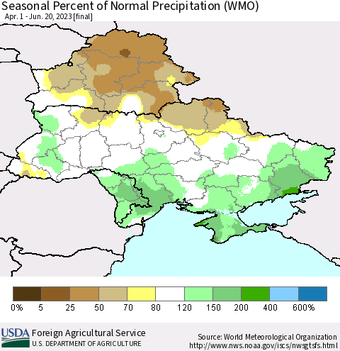 Ukraine, Moldova and Belarus Seasonal Percent of Normal Precipitation (WMO) Thematic Map For 4/1/2023 - 6/20/2023