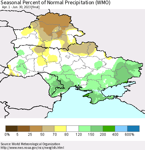 Ukraine, Moldova and Belarus Seasonal Percent of Normal Precipitation (WMO) Thematic Map For 4/1/2023 - 6/30/2023