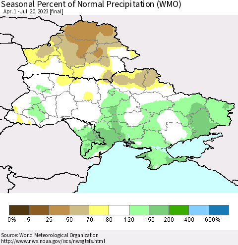 Ukraine, Moldova and Belarus Seasonal Percent of Normal Precipitation (WMO) Thematic Map For 4/1/2023 - 7/20/2023
