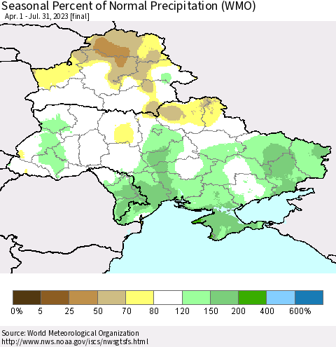 Ukraine, Moldova and Belarus Seasonal Percent of Normal Precipitation (WMO) Thematic Map For 4/1/2023 - 7/31/2023