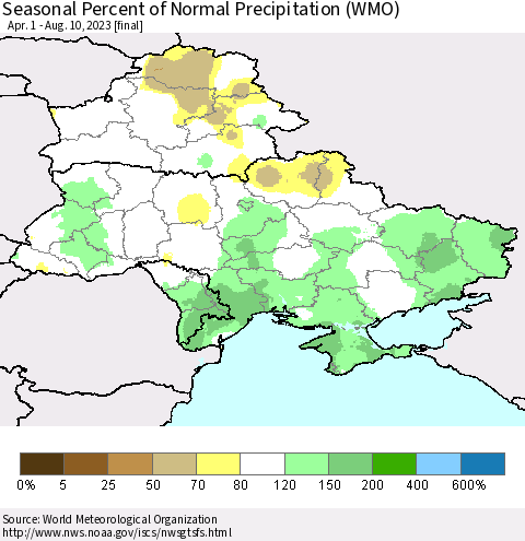 Ukraine, Moldova and Belarus Seasonal Percent of Normal Precipitation (WMO) Thematic Map For 4/1/2023 - 8/10/2023