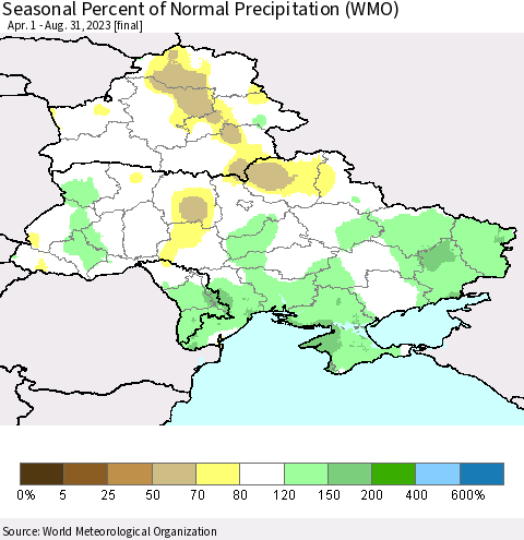 Ukraine, Moldova and Belarus Seasonal Percent of Normal Precipitation (WMO) Thematic Map For 4/1/2023 - 8/31/2023